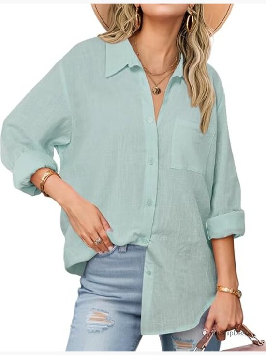 Tops - Cotton Gauze Button Down Shirt Long Sleeve Casual Collared Blouse Loose Fit